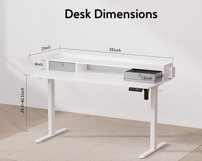 55x24 Inches Electric Standing Desk with 2 Drawers, Height Adjustable Stand up Desk for Home Office, Ergonomic Sit to Stand Table with Storage Shelf, DIY Board, Hooks, White