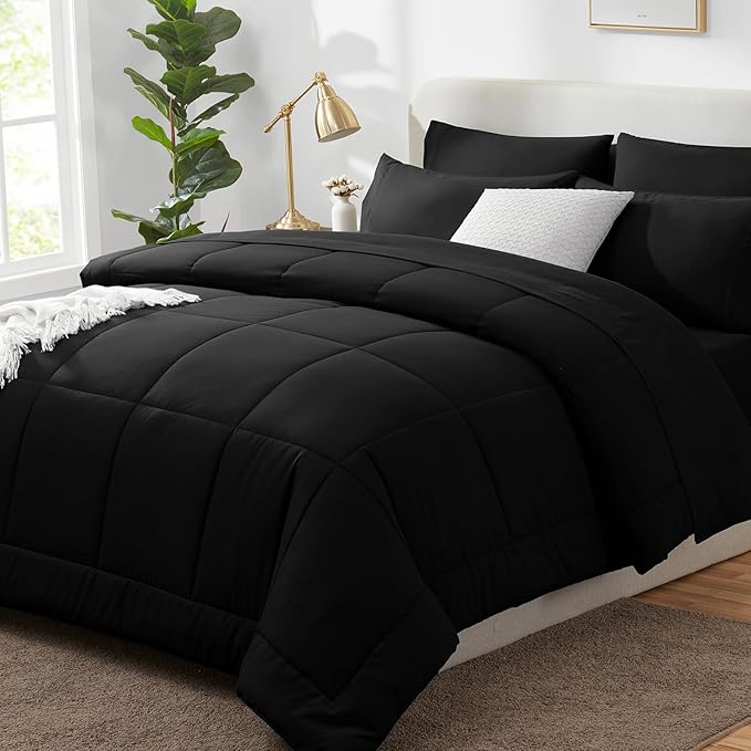 CozyLux Twin Comforter Set with Sheets Black, 5 Pieces Bed in a Bag, Black Comforter Twin Size, All Season Bedding Set with Stitch Quilted Comforter, Flat Sheet, Fitted Sheet, Pillowcases