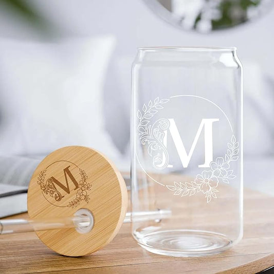 Initial Glass Cup with Engraving Cup Lid Personalized Birthday Gifts for Women Unique Monogrammed Presents Customized Gifts for Women Personalized Presents Presents for Her Mom Friend Birthday