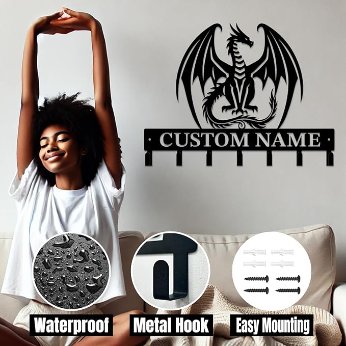 Personalized Evil Dragons Keys Hooks,Custom Name Metal Dragons Art Keys Hooks,Metal Dragons Lover Wall Home Storage Decorative Keys Hooks,Key Holder Hooks for Wall (Style C)