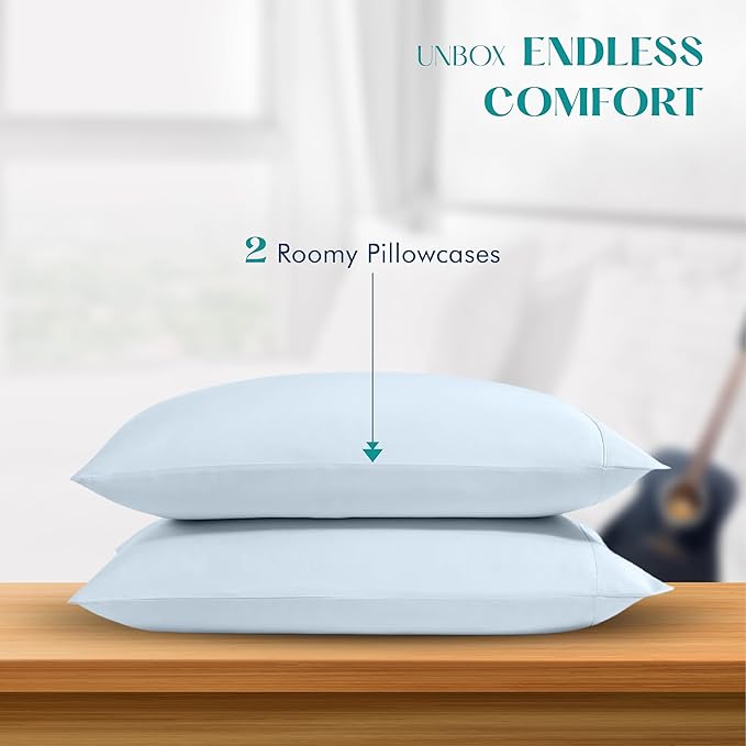 XOOX Linen 100% Egyptian Cotton Pillow Cases King Size Set of 2 - Luxury 1200 Thread Count Sateen Light Blue Pillow Covers, Soft & Breathable 5 Star Hotel-Quality Pillowcases, Fits King Size Pillows
