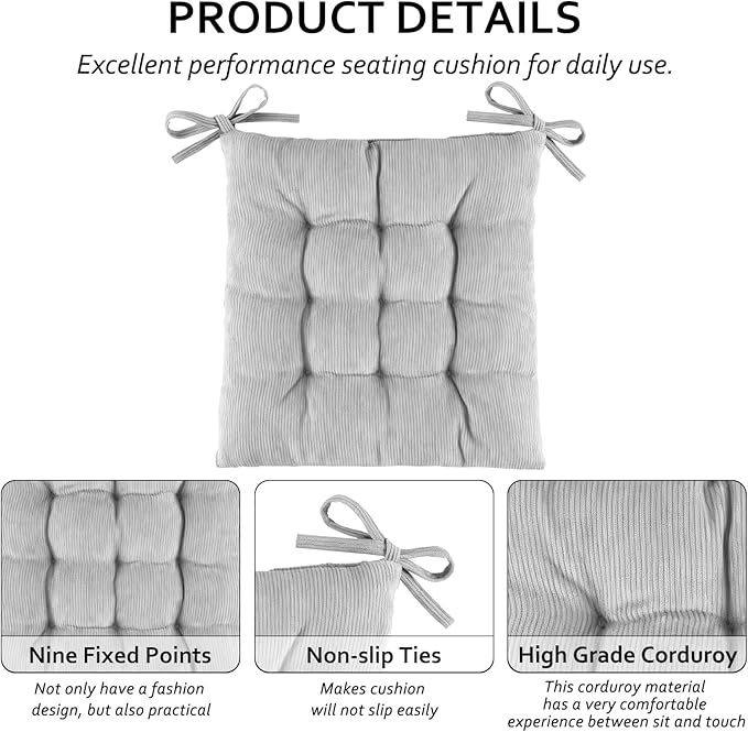 Square Seat Cushion for Kitchen Dining Chairs, Soft & Comfortable 15.5" x 15.5" Chair Pads, 6 Packs, Grey