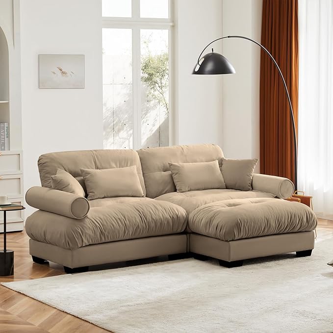 93.7" Loveseat Sofa, 2 Seater Modular Sectional Sofa, Camel Large L Shaped Sectional Couches for Living Room, Fluffy Couch, Love Seat, Velvet Cloud Couch with Ottoman, Deep Seat Sofas for Living Home