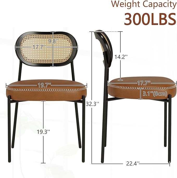 Rattan Dining Chairs Set of 6, Camel Leather Upholstered Dining Chairs with Rattan Cane Back, Mid Century Modern Dining Room Chairs with Black Metal Legs & D-Shaped Thicken Cushion, Camel
