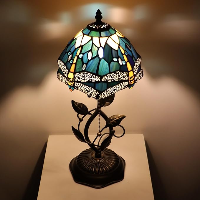 Small Tiffany Lamp Yellow Dragonfly Style Stained Glass Table Lamps Desk Bedside Reading Light 8X8X18 Inches with Bronze Metal Leaf Resin Base