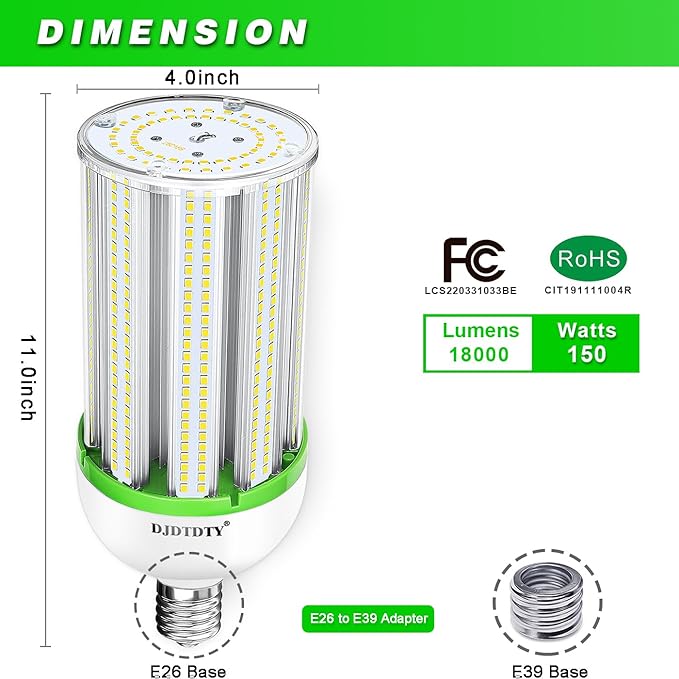 150WLED Corn Bulb, E26 Base with E39 Adapter, 5000K 18000LM LED Light Bulb for Garage Warehouse Workshop Barn (150Watts)
