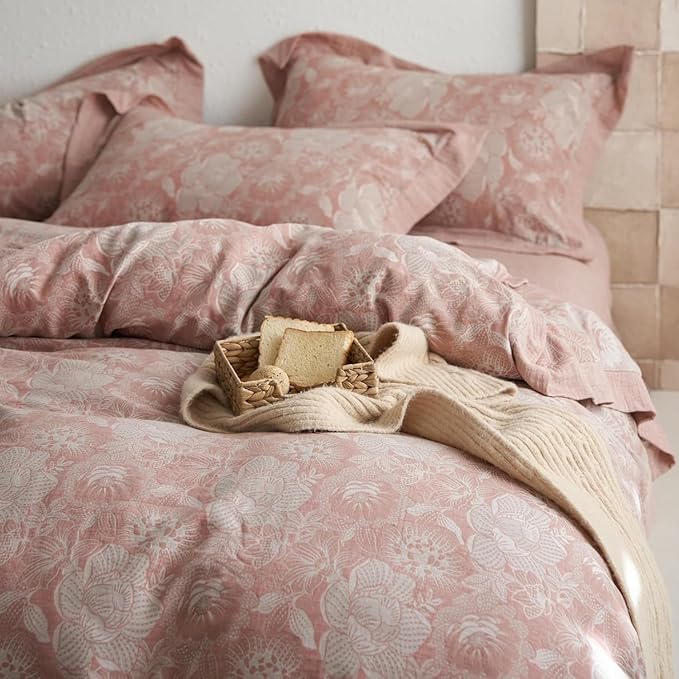 Blush Pink Floral Duvet Cover Queen Vintage Pink Flower Jacquard Comforter Cover with Edge Design Linen Cotton Yarn-Dyed Textured Flower Duvet Cover Breathable Comfy Cottagecore Bedding Set Queen