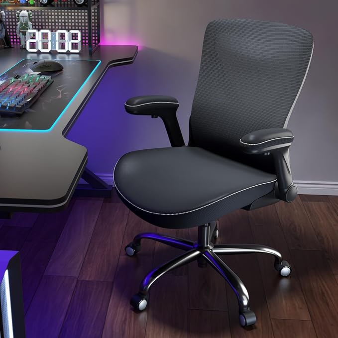 Office Home Ergonomic Desk Chair-Computer X-Shaped Chair Mesh PU Leather with Adjustable Lumbar Support-Executive Chair High Back Flip-Up Arms for Long Hours (Black-No Headrest)