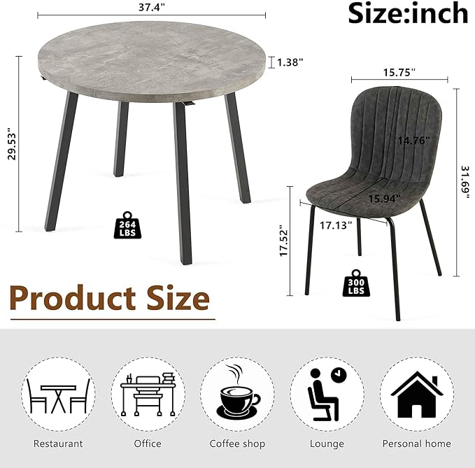 5-Piece Round Table Set for 4, 37.4" Grey Round Table with Hooks, Solid MDF Tabletop, Industrial Kitchen Table with Dark Grey PU Dining Chairs for Living Room, Dining Room