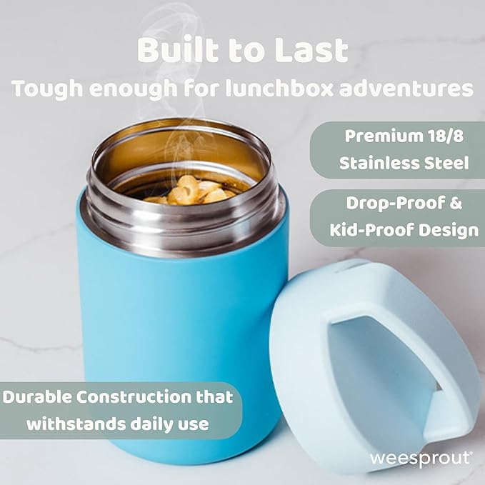 WeeSprout Insulated Stainless Steel Lunch Thermos, Soup Bottle for Hot & Cold Foods, 12 oz Jar for Children, Kid-Friendly Handle, Leakproof Container, Termos Para Comida Caliente (Black)