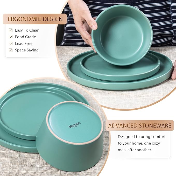 Dinnerware Sets for 4 - CJDC-QUELO 12-Piece Stoneware Plates and Bowls Sets, Ceramic Dishware Sets for Kitchen Use and Formal Dining, Chip and Scratch Resistant Microwave Dishwasher Safe, Green