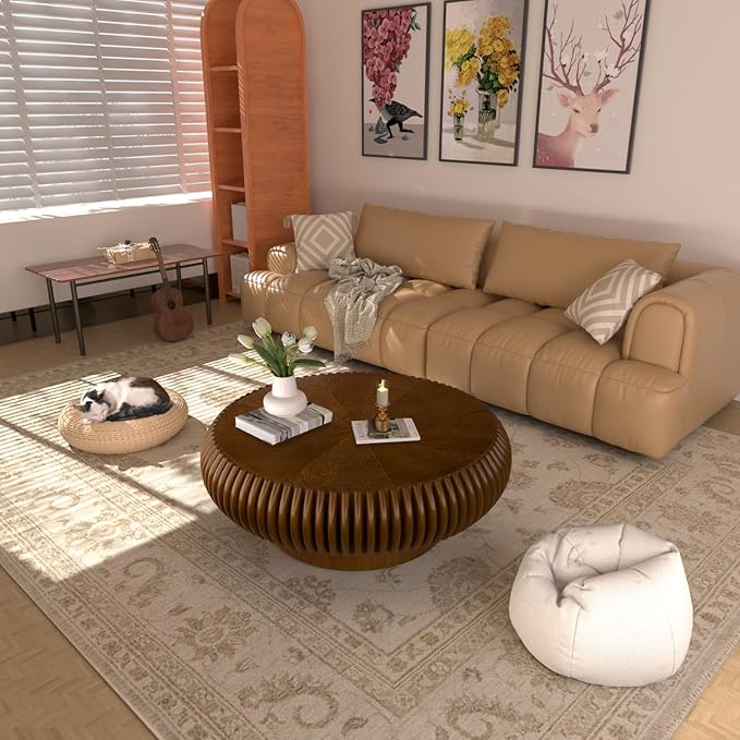 Round Fluted Coffee Table Modern Handcraft Drum Coffee Table with Sturdy Pedestal 31.5" Farmhouse Center Table Tea Table for Living Room, Reception Room, Entertainment Room (Walnut 31.5 inch)