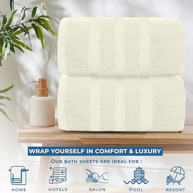 DAN RIVER 2 Pack Luxury Bath Sheets 35x70, 600 GSM, Soft & Quick Dry 100% Ring Spun Cotton Towels Ideal for Hotels, Spas, Gyms & Salons Extra Large, Ivory