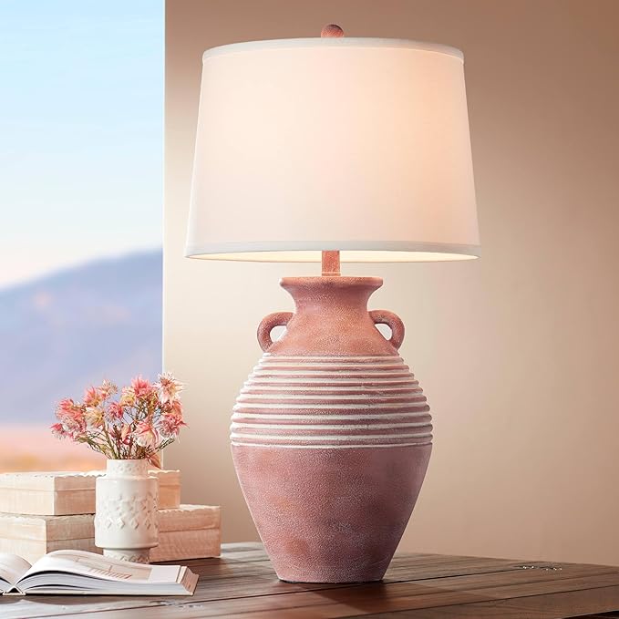 John Timberland Sierra Rustic Southwestern Style Jug Table Lamp 30" Tall Red Brown Sandstone Linen Drum Shade Decor for Living Room Bedroom House Bedside Nightstand Home Office Entryway Reading