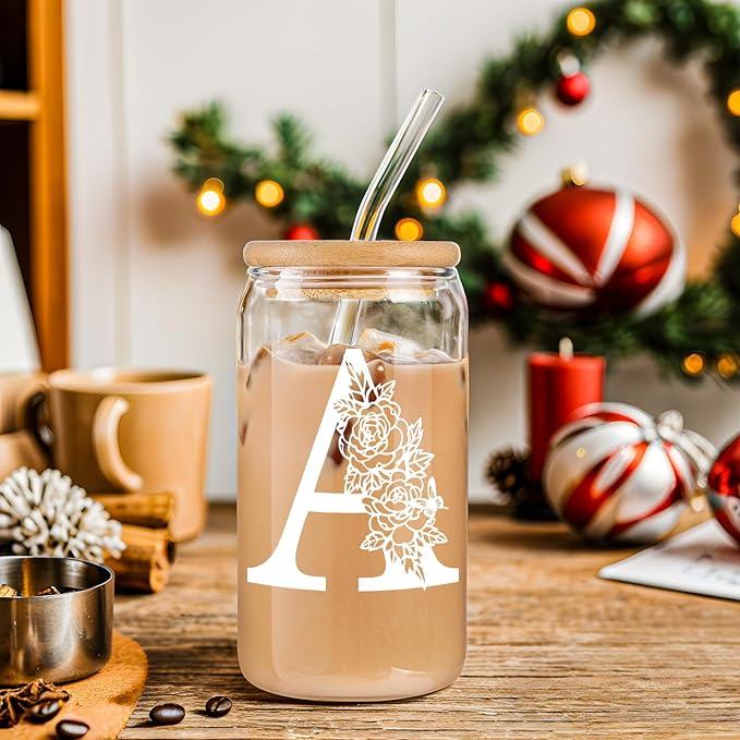 Birthday Gifts for Women: DWTS Initial Glass Cup as Office Graduation Memorial Holiday Personalized Gifts - for Husband Aunt Uncle Teen Boy Employee Coworkers Him and Her - A Aesthetic Cup