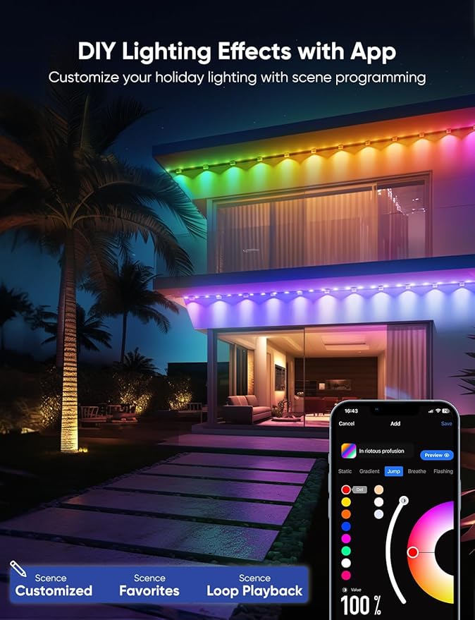 APPECK Permanent Outdoor Lights Pro 200ft, 144W RGBCW Eaves Lights with 144 LED Lights, 80lm, Cuttable, 111 Scene Modes, IP67 Waterproof Lighting for Christmas Decoration, Work with Alexa, Black