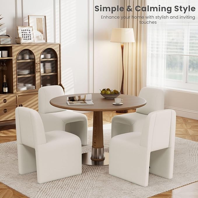 White Upholstered Chenille Dining Chairs Set of 2, Mid Century Modern Dining Room Chairs with Deep Seat & Curved Back, Armless Side Chair Comfy Kitchen Chairs for Living Room/Kitchen