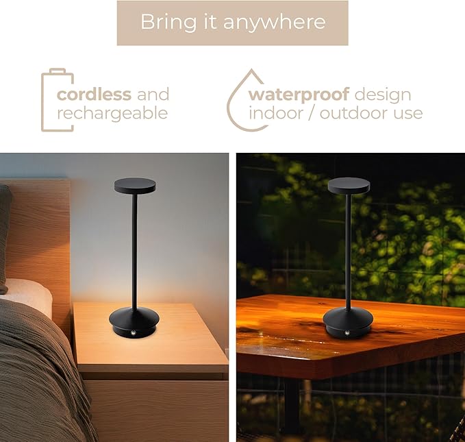 Orbit LED Cordless USB-C Re-Chargeable Desk Lamp, 5200mAh Battery Operated with 3 Color Temperature 2700K-3000K-3500K and Fingertip Touch On/Off Plus Dimming in Black (Pack of 2)