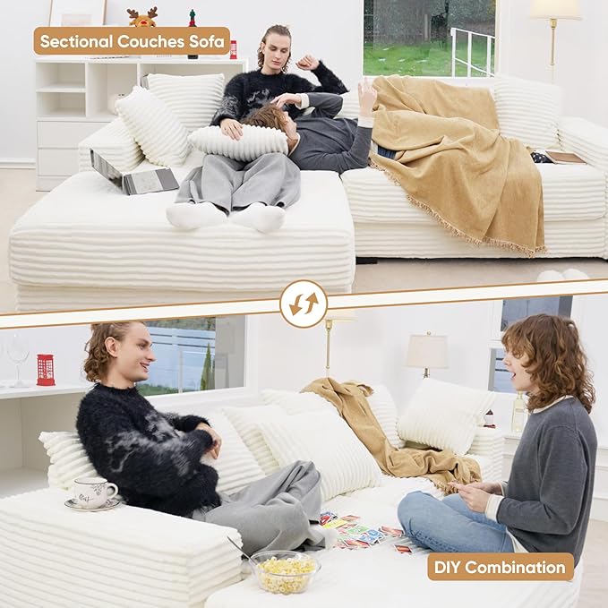 111‘’ Sectional Cloud Couches with L Shaped Chaise, Extra Large Sleeper Couch Reversible Corduroy with 8pcs Pillows for Living Room, Bedroom-Beige