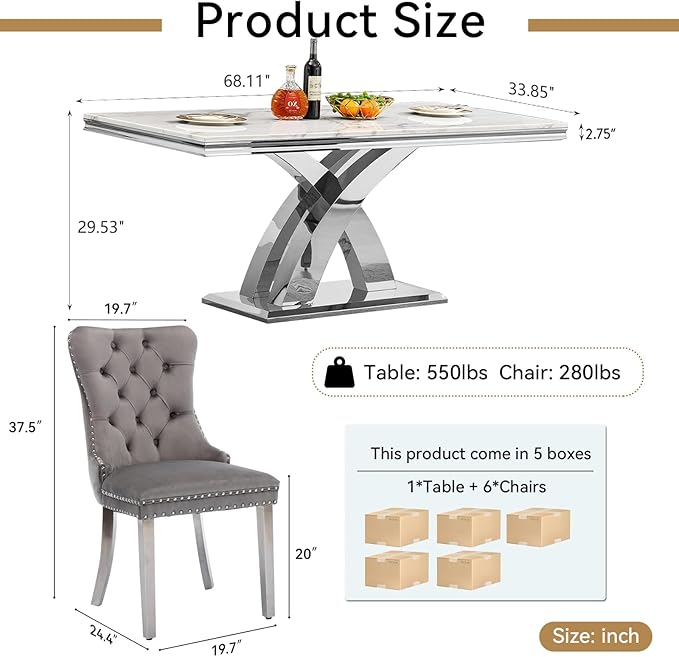 Goujxcy 68" Faux Marble Dining Table Set for 6, 7-Piece Dining Set with White Silver Kitchen Table and 6 Velvet Tufted Chairs, Modern Rectangular Dining Room Table with X-Shape Stainless Steel Base