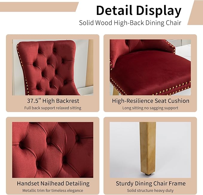 Luxury Upholstered Dining Chairs Set of 6, Red Kitchen Chair with Golden Metal Legs, Velvet Tufted Back Dining Chair, Sillas de Comedor, Modern Kitchen & Dining Room Chairs (Burgundy, 6 Pcs)