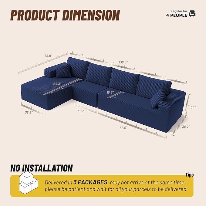 138" Boneless Couch with Deep Seat, Modular Sectional Sofa, Cloud Sectional Couch for Living Room, No Assembly Required, Corduroy, 4 Seater L-Shape Left, Blue