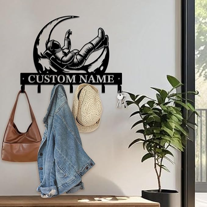 Personalized Custom Astronaut UFO Metal Wall Keys Hooks,Clothes Hooks Astronaut Art coat racks,door holder,Black Astronaut decorations for home,Entrance doors,Hallway, Bedroom,Keys,Hats (Style C)