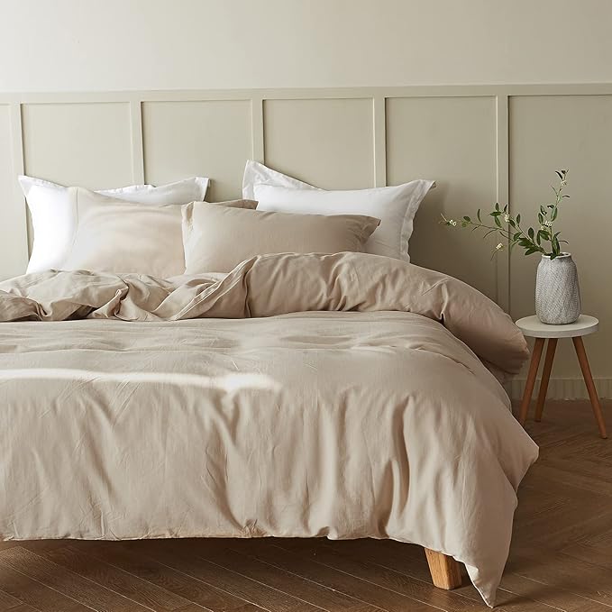 Simple&Opulence French Linen Duvet Cover Set 88" x 92"- 5 Pieces (1 Comforter Cover,4 Pillowcases)- Natural Flax Cotton Blend-Solid Color Breathable Farmhouse Bedding-Linen/Beige, Queen