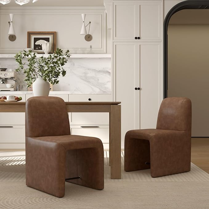 Brown Upholstered Leather Dining Chairs Set of 4, Mid Century Modern Dining Room Chairs with Deep Seat & Curved Back, Armless Side Chair Comfy Kitchen Chairs for Living Room/Kitchen