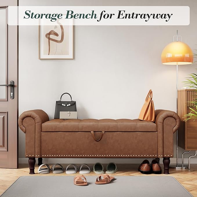 Apicizon 51” Bench with Storage, Upholstered Tufted Button Bedroom Bench with Storage, Faux Leather Ottoman Bench for Bedroom, Living Room, Entryway, Yellow Brown