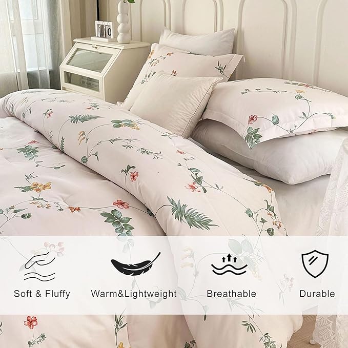 EAVD Garden Floral Comforter Set Queen Vintage Chic Botanical Floral Leaves Patten Aesthetic Comforter Soft Washed Microfiber Bedding Comforter Set 1 Comforter and 2 Pillowcases
