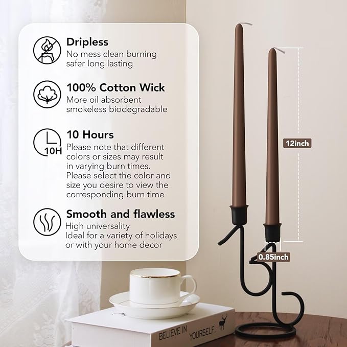 New Burning Formula Unscented Dripless 12-Inch Taper Candles Set of 12 - Cocoa Brown, for Wedding, Dinner - Smokeless, Long Burning - Hand Poured, Colored Tall Candlesticks - Marrón Cacao