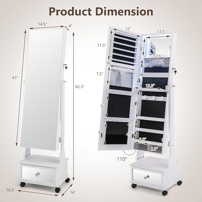GOFLAME Standing Jewelry Cabinet Armoire with Wheels, Lockable Jewelry Storage Organizer with Full Length Mirror, 3-Color LED Lights, Interior Makeup Mirror, Jewelry Armoire for Bedroom (White)