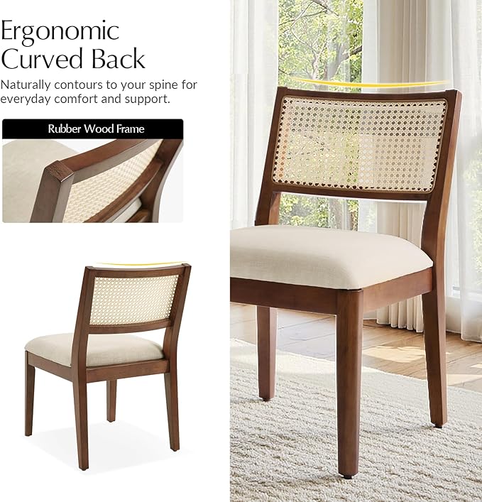 HULALA HOME Rattan Dining Chairs Set of 4, French Solid Wood Kitchen Dining Room Chairs with Curved Back, Upholstered Accent Dinner Cane Chair for Living Room Restaurant, Walnut