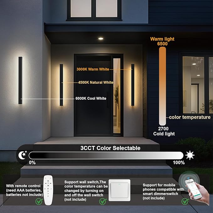 70.87 Inch Long Outdoor Wall Sconces Set of 2, 3CCT Color Selectable Modern Wall Light with Remote Control, IP65 Waterproof Exterior Linear Wall Light for House Garage 3000K-6000K