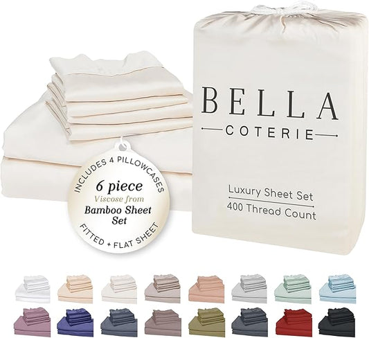 Bella Coterie 6 Piece Luxury Bamboo Viscose Queen Size Sheet Set | 100% Organically Grown | Cooling for Hot Sleepers | 18" Deep Pocket | Soft & Hypoallergenic | 4 Pillowcases [Ivory]