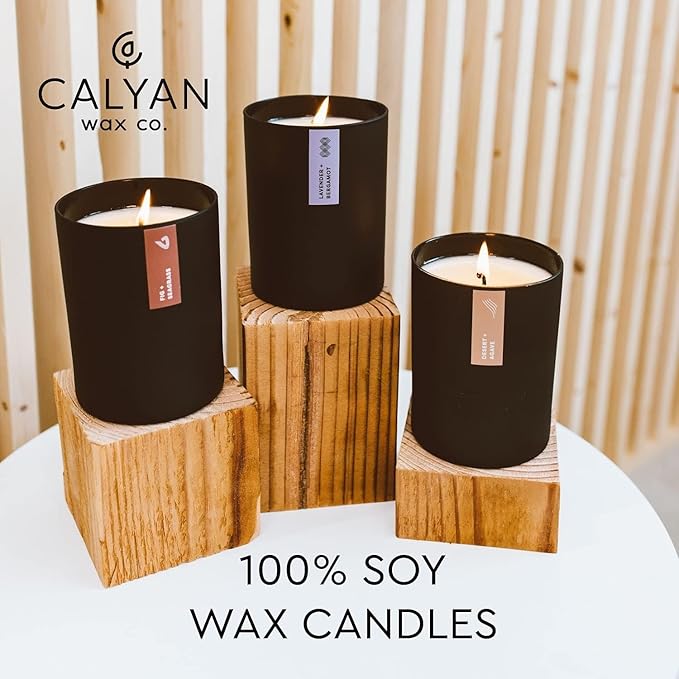 Calyan Wax Co. Oakmoss & Amber Scented Candle - 75 Hour Burn - Luxury Non Toxic Soy Wax Candles - Long Lasting Black Tumbler Jar Candle for Home - 10.2oz