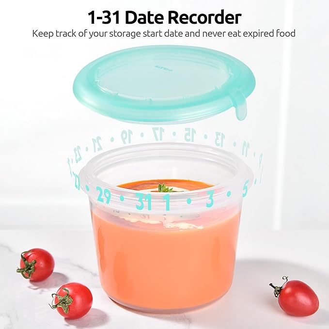 U-Taste Silicone Food Storage Containers Set: Meal Prep Box with Airtight Lid, Freezer & Microwave Safe, Date Marking Circle, Clear cup/oz/ml Measurement for Dry & Wet Deli -2oz/4oz/8oz/16oz, Aqua Sky