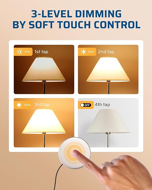 DEWENWILS 2 Pack Touch Dimmer Switch, Touch Pad Control with 3 Levels of Dimming, Dimmable LED/CFL Lights, and Incandescent Bulbs, Extension Cord, ETL Listed, Black