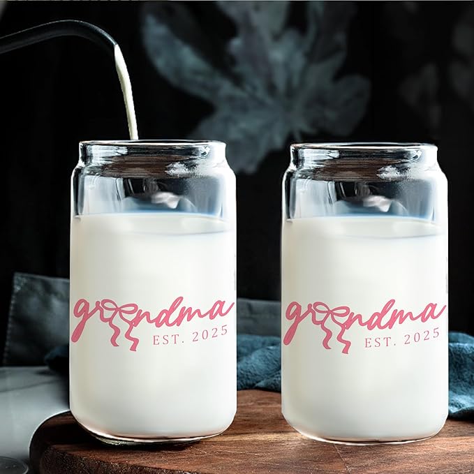 Grandma Glass Cup with Lids and Straws 14oz, Best Mother's Day Birthday Gifts for Grandma from Grandkids, Grandmother Gifts Glass Iced Coffee Tumbler Drinking Jars with Cleaning Brush
