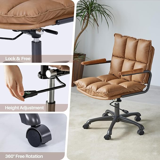 Home Office Desk Chair, Ergonomic Computer Chair with Wheels and Oak Arms, Adjustable Height Rolling Swivel Executive Task Armrests Chair, Camel Brown