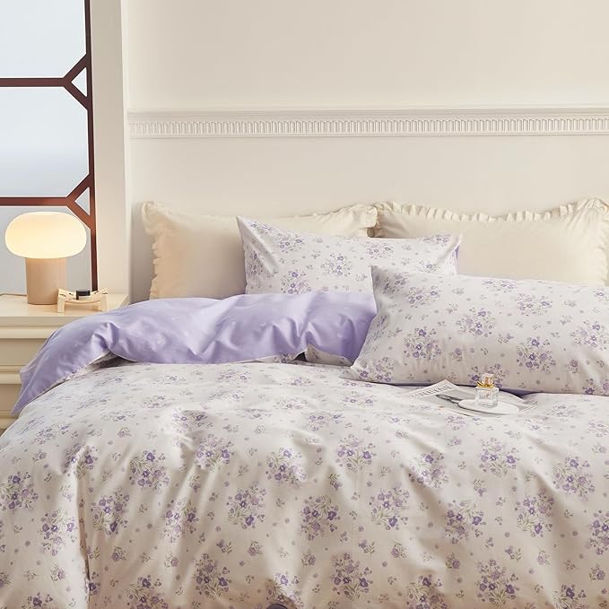 Purple Flower Duvet Cover Twin Soft Cotton Girls Floral Duvet Cover Garden Style Lavender Comforter Cover Vintage Purple Floral Bedding Set Aesthetic Botanical Comforter Cover with 2 Pillowcases