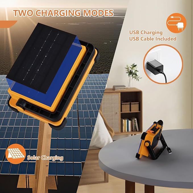 120W Solar Rechargeable Work Light, 144 LED 10000LM Portable Flood Light with Stand, IP66 Waterproof 4 Modes LED Job Site Lighting Flashlights for Mechanic Camping Fishing Car Repair
