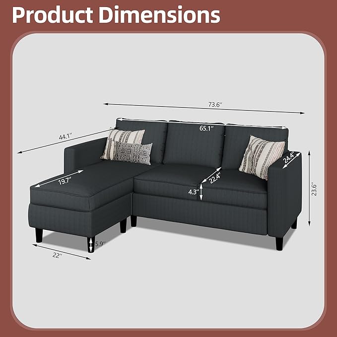 JAMFLY Sectional Sofa Couch Convertible L Shaped Sofas with Ottoman Small Sectional Couches for Living Room, 3 Seater Couch for Small Spaces, Dark Grey