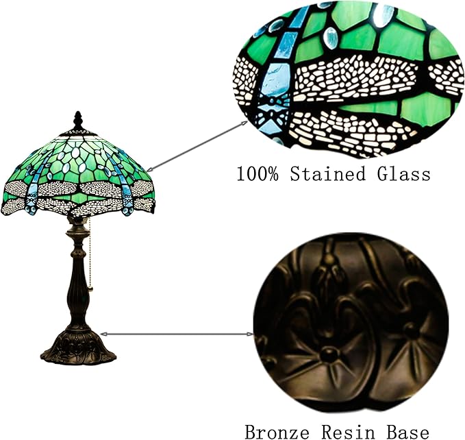 Tiffany Table Lamp Stained Glass Lamp 12X12X19 Inch Antique Reading Light (Green Dragonfly)