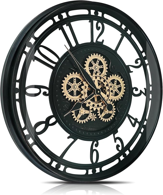 DORBOKER 30 Inch Real Moving Gears Wall Clock Large Modern Metal Clocks for Living Room Decor, Industrial Steampunk Unique Vintage Rustic Decorative Clock for Home Farmhouse Office,Black Gold Arabic
