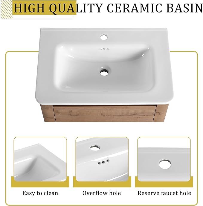 Goujxcy 48 Inch Bathroom Vanity with Sink Combo Modern Floating Vanity Cabinet with Ceramic Vessel Sink and Side Storage Shelves, Soft Closing Door Design (Imitative Oak)