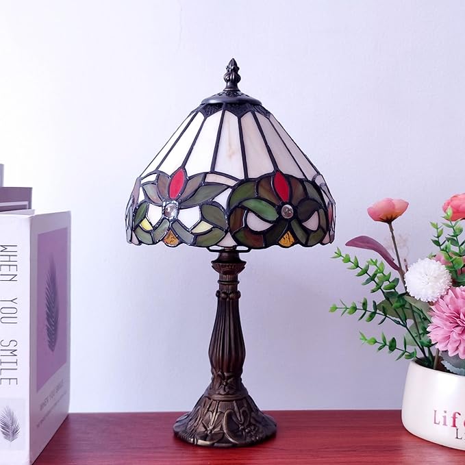 Tiffany Style Small Table Lamp Stained Glass Antique Bedside Nightstand Lamp Small Antique Side Desk Light 8X8X15 Inch for Bedroom Living Room Home Office,3-Color LED Bulb Include
