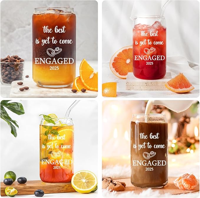 Engaged 2025 Gift for Couples, The Best is Yet to Come, 16oz Glass Cup with Lid and straw, Engagement Gift for Couples, Gifts for Newly Engaged Couples, Just Engaged Bride to Be Gifts