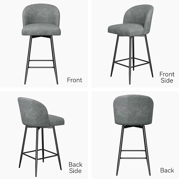 Counter Height Bar Stools Set of 2,360° Swivel Barstools with High Back and Metal Legs,26" Seat Height, Upholstered PU Leather Bar Chairs for Kitchen Island, Dining Room,Cafes,Grey